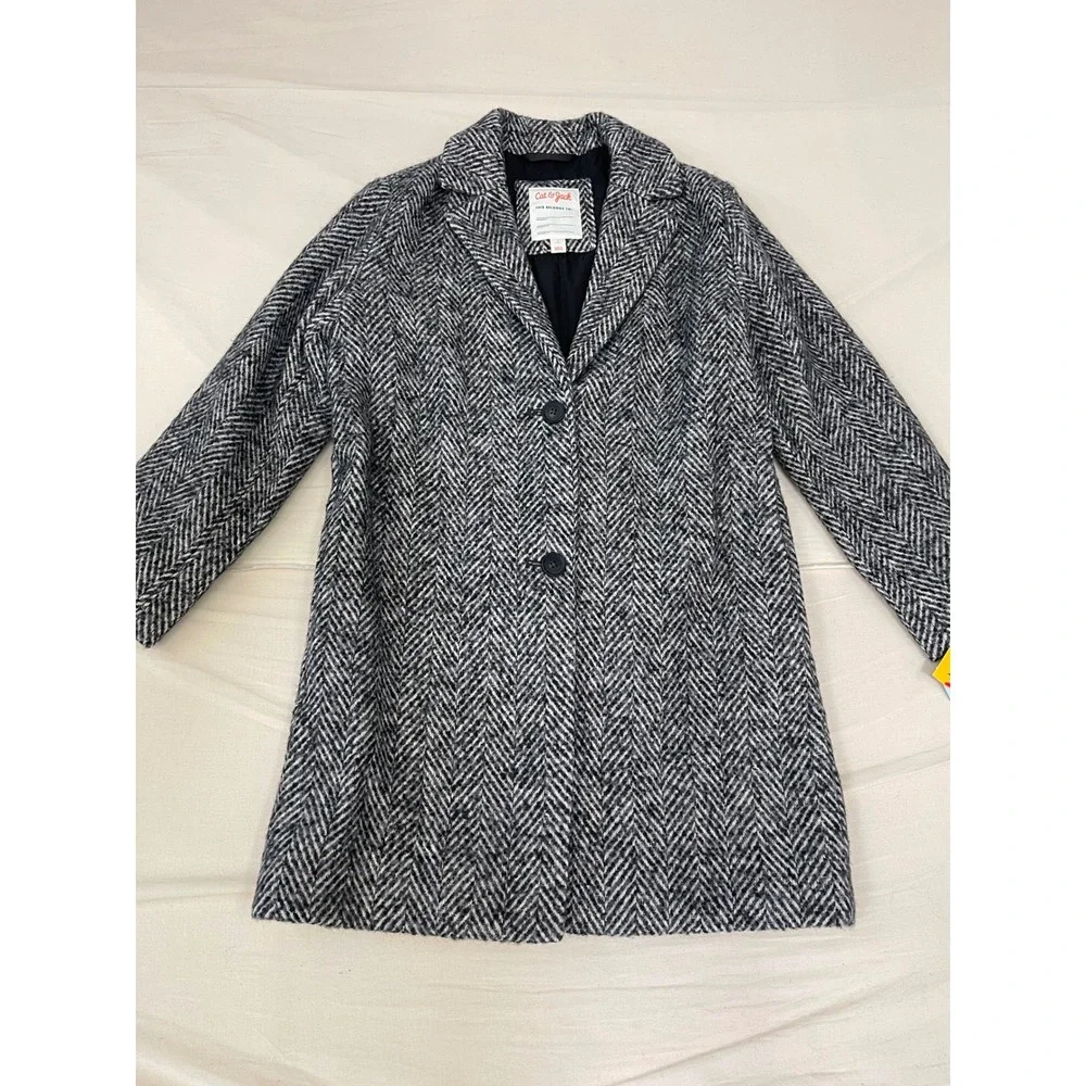 Cat & Jack Girls Black White Herringbone Overcoat Jacket Size L 10-12